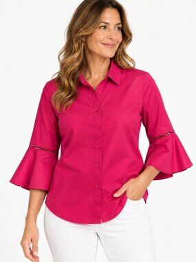 Chicos Womens 3 16/XL Fuchsia Pink Bell Sleeve Button Down Blouse Ladder Lace